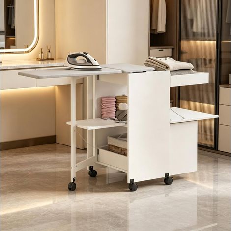 Mueble de planchado plegable 154x55x87 cm de MDF blanco con ruedas, ahorro de espacio - MEUBLIV