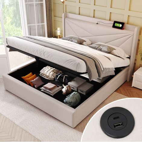MODFU – Letto matrimoniale 180x200 cm con vano contenitore USB-C, rete a doghe e rivestimento in lino beige, carico 300 kg – Beige (1/5)