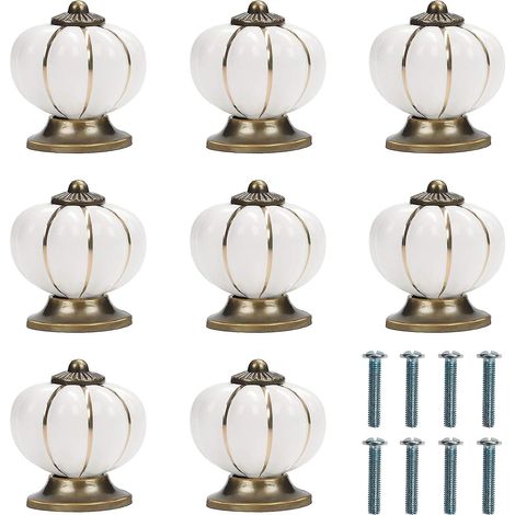 Set mit 8 runden Vintage-Keramik-Möbelknöpfen in Weiß und Gold mit kürbisförmigen Schrauben – 3,8 x 4 cm – Ideal für Zuhause, Büro, Küchenschränke und Schubladen (1/5)