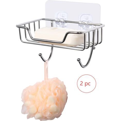Set di 2 portasapone, portasapone da parete in acciaio inox con 2 ganci, porta spugna, autoadesivo per bagno e cucina (1/5)