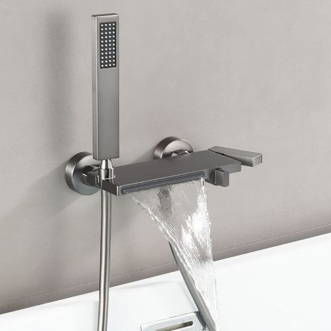 Wasserfall-Badewannenarmatur, schwarze Badewannenarmatur mit 2-Wege-Handbrause, Einhebelmischer für Warm- und Kaltwasser-Badewanne (1/5)