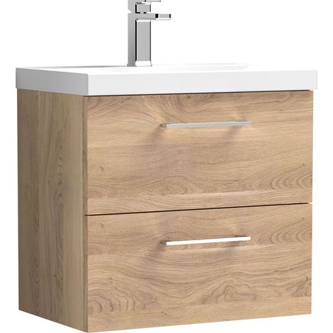 Balterley Contemporary Bathroom Wall Hung 2 Soft-Close Drawer Vanity Unit with Mid-Edge Ceramic Basin, Bleached Oak, 600 mm
