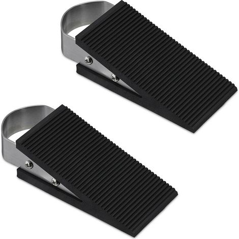 Rutschfeste Türstopper, 2-teiliges Set – Gummi und Edelstahl – Abmessungen: 3 x 5 x 12 cm – schwarz und silber, geeignet für zweiflügelige Türen.