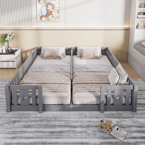 Bett Kinder 90x200 cm mit Lattenrost, Doppelbett 180x200 cm, Bettgestell 2x90x200 cm aus Holz, Sicherheitsbarriere, grau