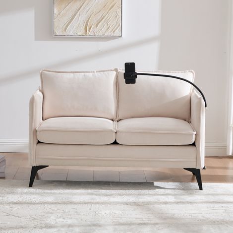 Canapé 2 places avec support téléphone réglable et rangements latéraux, en chenille beige (1/5)