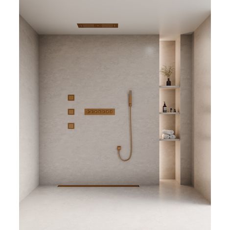 Conjunto de ducha termostática con 3 chorros LED Oro rosa cepillado - 900x300 mm
