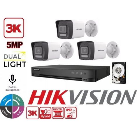 KIT VIDEOSORVEGLIANZA HIKVISION 4 CANALI 5 MPX 3 TELECAMERE BULLET 5MPX 3K HYBRID LIGHT HDD 1TB