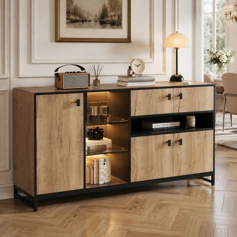 Kommode aus Holzwerkstoff in Natur mit schwarzem Metallrahmen, 2 Türen, Glasboden und verstellbarem Einlegeboden, 160 cm