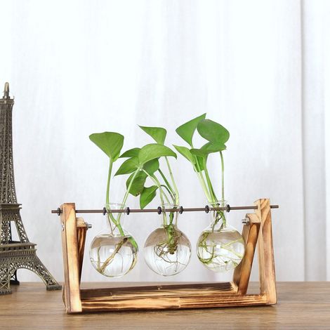 Vase terrarium vintage en bois avec support en bois, vase en verre, pot de table pour la décoration de la maison ou du bureau. (1/5)