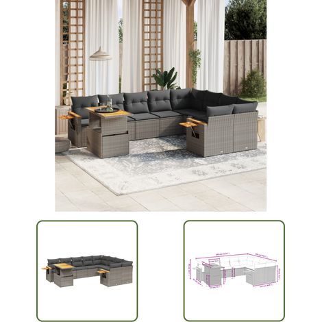 The Living Store 10-tlg. Garten-Sofagarnitur mit Kissen Grau Poly Rattan - Gartenmöbel Set - PE-Rattan Möbel - Outdoor Lounge - Garten Sofa - Balkon Möbel (1/3)