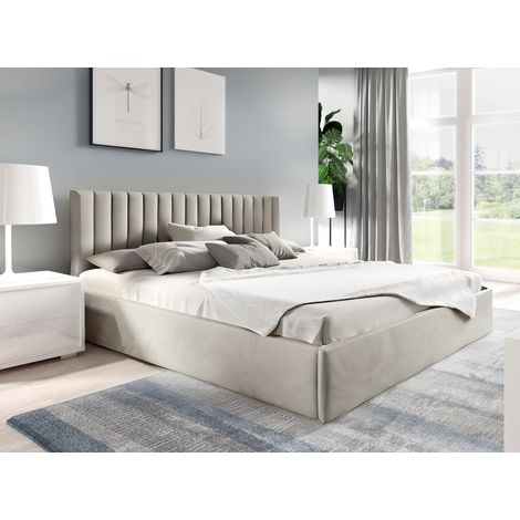 Sofello Polsterbett nach Maß 120x200 Metall-Lattenrost Beige Velour Samtstoff Velvett mit Bettkasten und Stauraum (1/5)