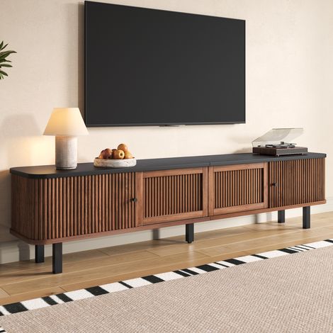 Mobile TV moderno 190 x 35 x 45 cm, color noce, con ante scorrevoli e frontali a rete (1/5)