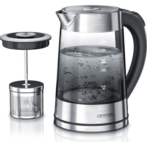 Arendo Edelstahl Glas Wasserkocher mit Teesieb und Rauchglas Teekocher Infusion 1,7 Liter (1/5)