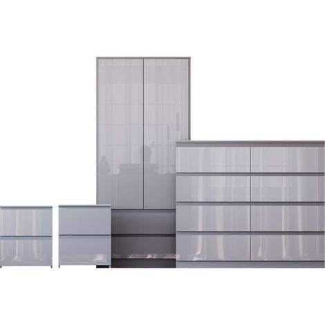 Glinton 4 Piece Bedroom Set (2 Drw Bedside x2, 8 Drw Chest, 2 Dr 2 Drw Wardrobe), Grey (100% FSC) (1/4)