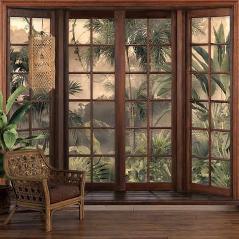 Papier peint panoramique Trompe l'oeil Fenêtre en bois - Forêt Tropicale - 390 cm x 312 cm (1/5)