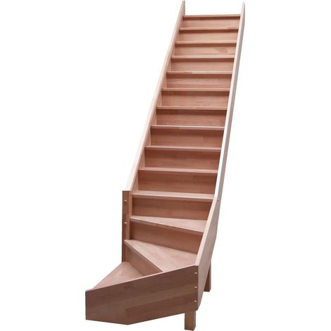 Levigne – Escalier quart tournant bas hêtre lamellé collé 280 cm – 14 marches – Largeur 80 cm – Trémie 85x282 cm – Recoupable