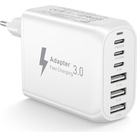 Chargeur USB C 60W, 6 Ports Multi Prise USB C Chargeur Type C Charge Rapide Multiprise USB Alimentation Adaptateur Secteur pour 17 16 15 14 Pro Max Plus Mini XS XR 8 7 SE, iPad, Galaxy (1/5)