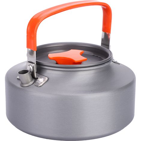Théière en aluminium de 1,1 L avec poignée orange, idéale pour le camping, la randonnée et la cuisine. (1/5)