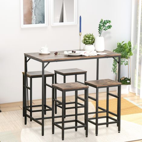 Ensemble table haute et 4 tabourets de bar, ensemble de table 5 pièces pour la cuisine, panneaux de particules/acier, marron rustique/noir, 100 x 60 x 88 cm (1/5)