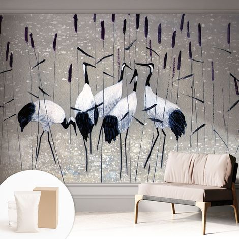 Papier peint intissé mural avec imprimé pour décoration pour salon pour chambre à coucher pour entrée Grues harmonieuses 312x219 cm (1/5)