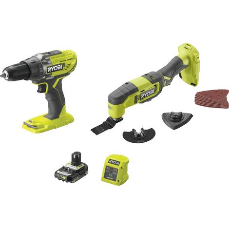 RYOBI Pacco 2 attrezzi ONE+ 18V trapano avvitatore + attrezzo multifunzione oscillante + batteria 2Ah + caricabatterie R18CK2G-1C20G (1/4)