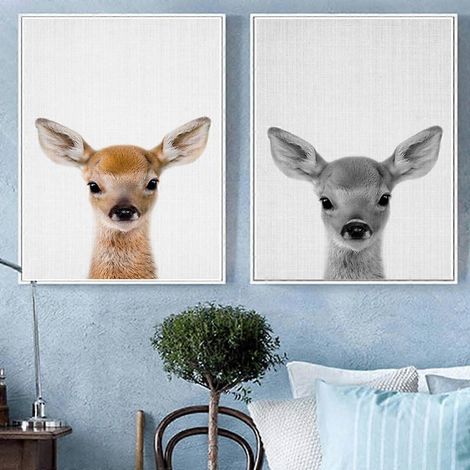 Affiche murale sur toile représentant un cerf, décoration photographique simple et tendance pour la maison, le salon, la chambre, le bureau et la chambre d'enfant (lot de 2 sans cadre, 20 cm) (1/5)