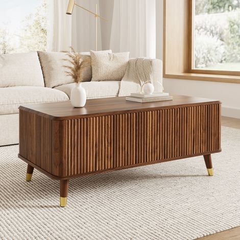 DESMIU Table basse relevable avec 1 niche de rangement, style rétro moderne, pour salon, noyer, 97 × 52 × 56,5 cm (1/5)