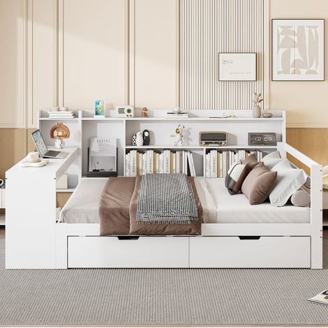 lit adulte double rangement bureau 140x200 bois blanc OKMYHOME (1/5)