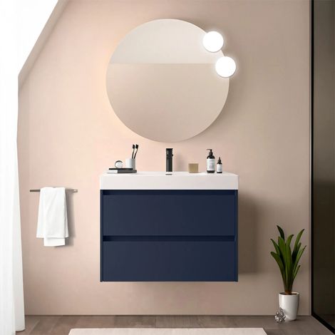 Mobile bagno sospeso 80 cm blu satinato con due cassetti e lavabo in resina Gaya (1/5)