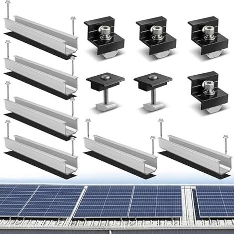 Kit de support de panneau solaire avec pince d'extrémité : support de panneau solaire PV avec rails profilés en aluminium de 12 cm et pince de 30 à 35 mm d'épaisseur réglable pour toit plat (1/5)