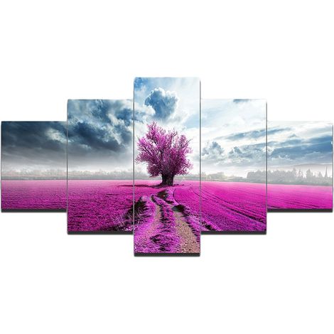 Impressions sur toile de fleurs de lavande sans cadre, Art mural, images florales violettes, peintures 5 panneaux, paysage étiré, décoration d'intérieur (1/5)
