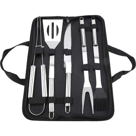 Set di 5 utensili per barbecue, set di utensili per barbecue resistenti e durevoli, in acciaio inossidabile per patio, barbecue da giardino, campeggio, escursioni sul prato e picnic