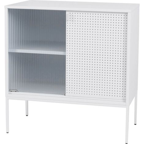 Commode HWC-O90, armoire buffet haut, rangements industriels portes coulissantes métal 85x80x45cm- blanc