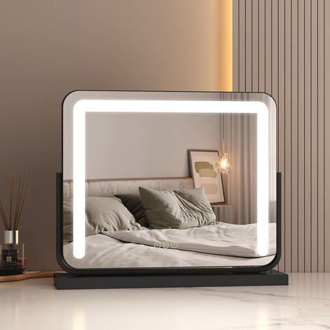 EMKE Hollywood LED Makeup Mirror 360° Rotation Tabletop Vanity Mirror with Touch 3 Color Lighting Modes, Dimmable Cosmetic Mirror, Balck 50x42cm (1/5)