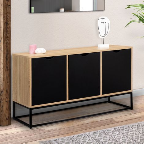 BOSTON Aparador de 3 puertas, negro, diseño industrial 113 cm