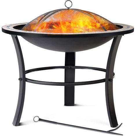 Brasero rond Fuego Ø76 cm en acier laqué noir avec pierres mosaïque et couvercle, feu de jardin extérieur pour bois et charbon 76x65x65 cm (1/4)