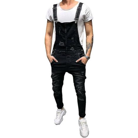 Herren-Latzhose aus zerrissenem Denim mit Hosenträgern – Größe 3XL – Schwarz