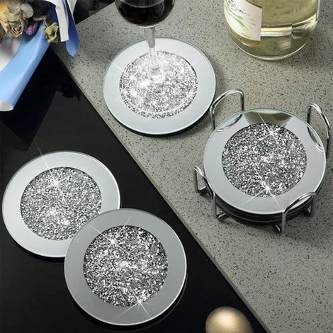 Posavasos de cristal con diamantes tallados, cristales y efecto espejo, Ideales para San Valentín, Juego de 6 piezas (1/5)