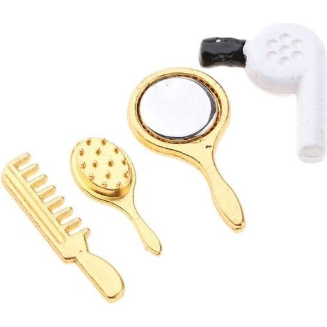 Ensemble de salle de bain miniature 4 pièces avec sèche-cheveux, peigne miniature, miroir de maquillage, 12 décorations de maison de poupée, meubles de maison de poupée, accessoires de (1/5)