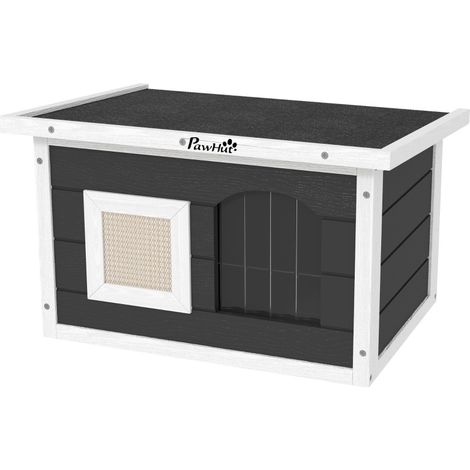 Caseta para gatos de madera con rascador y puerta abatible, impermeable, 61 x 45 x 36,5 cm (1/5)
