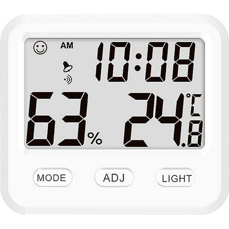 Jauge de température et d'humidité avec horloges de bureau pour chambre et bureau. Rétroéclairage, moniteur précis, lecture claire. Design blanc.