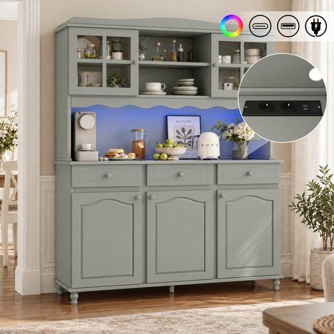 Buffet haut de salle à manger 135 x 40 x 185 cm, rangements à plusieurs niveaux, prise électrique intégrée et ports USB-C et USB-A, bande LED colorée, gris-vert (1/5)
