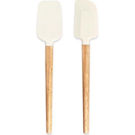 Lot de 2 petites spatules en silicone avec manche en bois,Grattoir à tête plate + Grattoir à tête ronde, Spatules étroites, Pour la cuisine, De qualité alimentaire, Pour le mélange (1/5)
