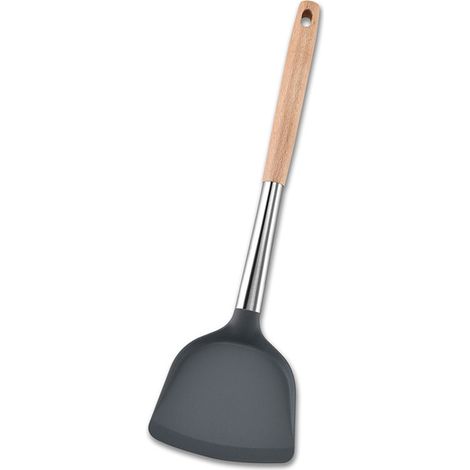 Spatule de cuisine en acier inoxydable avec manche en bois confortable et résistant à la chaleur, idéale pour retourner et mélanger les aliments. (1/5)
