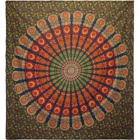 Colcha Doble de AlgodÃ³n + Colgante de Pared - Pavo Real Mandala - Verde