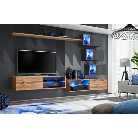 Ensemble meuble TV mural Switch XXIV - L 260 x P 40 x H 170 cm - Marron et gris - Livraison gratuite