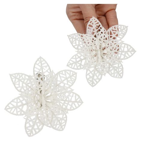 Fiore artificiale, Stella di Natale a pizzo bianco con brillantini. (1/5)