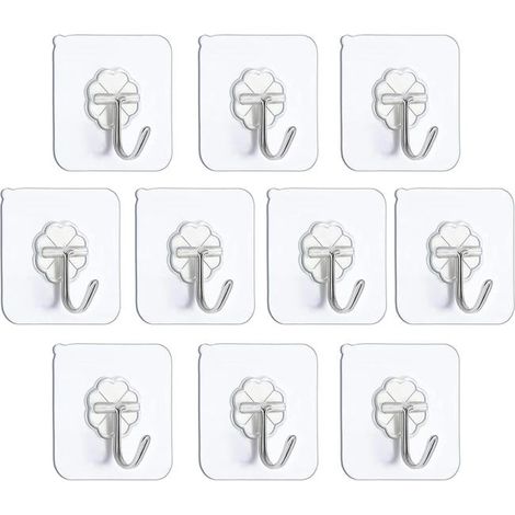 10 ganchos de pared autoadhesivos para cargas pesadas - 6 x 6 cm - Montaje rápido y sencillo en pared y techo - Resistentes al agua - Rotación de 180° - Autoadhesivos - PVC y acero inoxidable