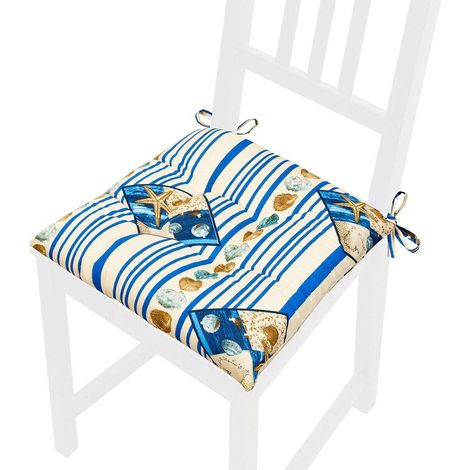 Cuscino Sedia Morbido Universale Righe Conchiglie Lacci Per Fissaggio Lavabile Coprisedie 100% Made In Italy - Bianco
