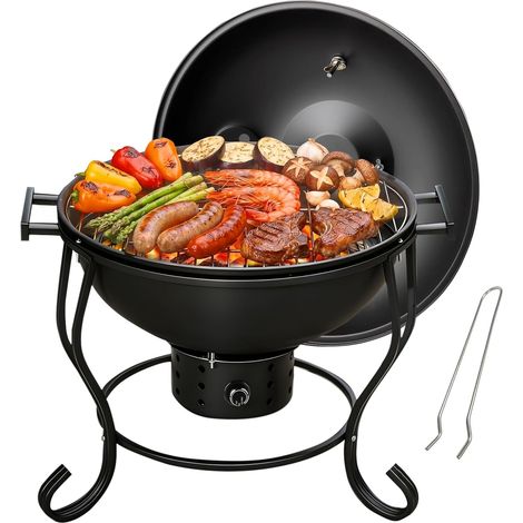 17" Barbecue Charbon de Bois, Rond Barbecue Portable à Viande avec Thermomètre Intégré, évents et Ventilateur Réglables, pour le Camping, les Pique-Niques et la Cuisine en Plein Air (1/5)
